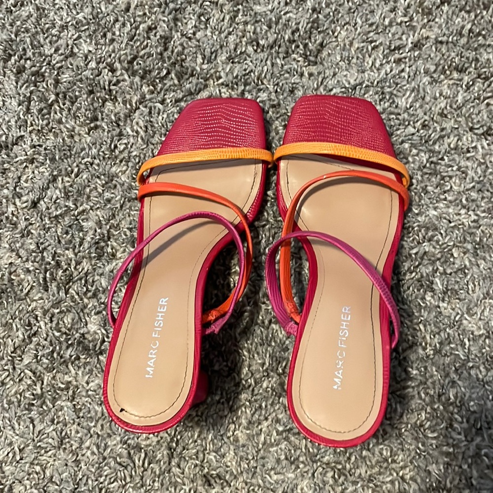 Pink, orange, and red baby Marc Fisher heels